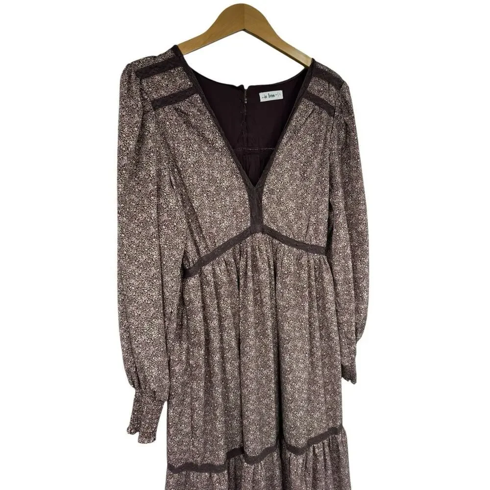 In Loom Micro Floral Brown Pink Long Sleeve Maxi Dress Womens Boutique Large - Picture 4 of 8